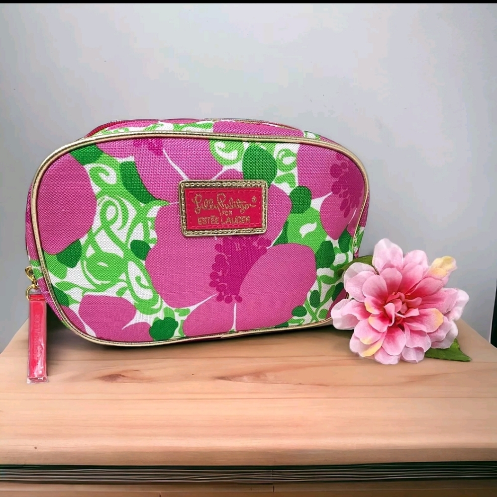 Lilly Pulitzer Cosmetic Makeup Bag Pink & Green Floral For Estee Lauder